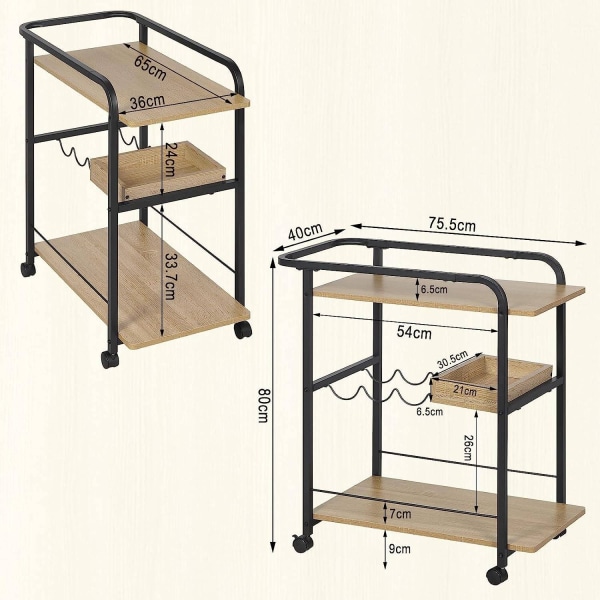 Rootz multifunktionel køkkenvogn - Serveringsvogn - Opbevaringsorganisering - Rigelig kapacitet - Nem mobilitet - Holdbart design - 76,3 cm x 80 cm x