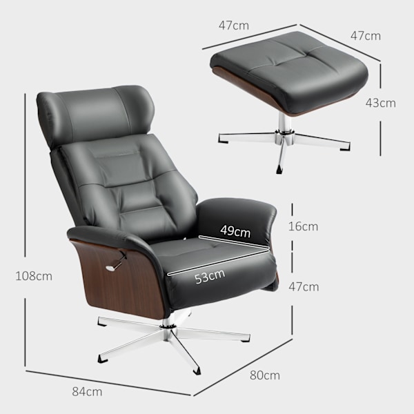Rootz Relaxation Stol med afføring - Liggende drejestol - Læder Look lænestol - 360 ° Rotation - 80W x 84d x 108H cm