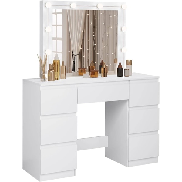 Rootz White Toiletbord - Vanity Desk - Makeup Bord - Justerbar LED-belysning - Rigelig opbevaring - Holdbart design - 110 cm x 140,5 cm x 39,5 cm