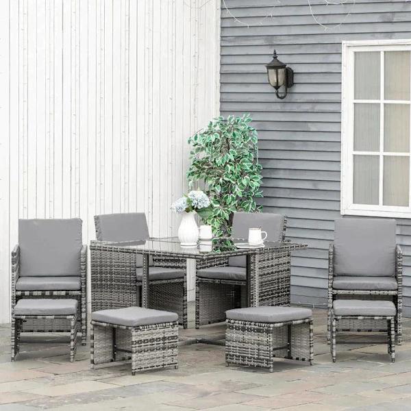 Rootz Garden Set - Polyrottinki-ruokailuryhmä - Pöytä - Tuoli - Jakkarat - Tyynyt - Metalli - Polyesteri - Harmaa - 109 cm x 109 cm x 72 cm