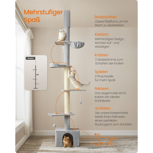 Rootz Ceiling High Cat Tree - Skrapstolpe - Cat Tower - Justerbar höjd - Ljusgrå - MDF, plywood, plysch, sisal - 45cm x 30cm x (231-291cm)