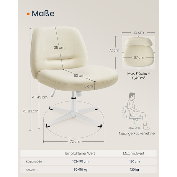 Rootz Wide Seat -toimistotuoli - Kermanvalkoinen - Ristijalusta - Teräsrakenne - Puuvilla-pellavasekoite - Verhoilu - Säädettävä korkeus - 72cm x 72cm