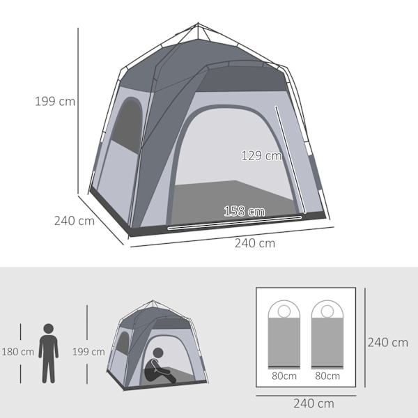 Rootz Family Camping -telt - Domo -telt - Pop -up -telt - Vandtæt og letvægt - 2,4L x 2,4W x 1,99h m - Let opsætning og godt ventileret