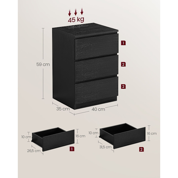 Rootz sidebord med 3 skuffer - Natbord - Natbord - Moderne design - Ibenholts sort finish - 45cm x 40cm x 60cm