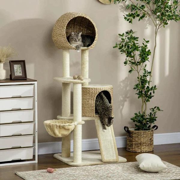Rootz Kradsestolpe - Kattetræ - Med Kattehus - Flere platforme - Hængekøje - Ridsemåtte - Anti-tip - Beige - 60 x 60 x 150 cm