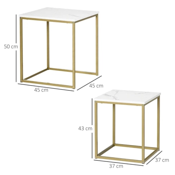 Rootz 2 sideborde - stabelbare sideborde - bordplade i marmorlook - Lille sofabord - træmateriale - guld + hvid - 45L x 45W x 50H cm