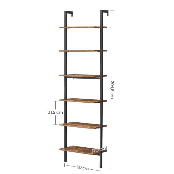 Rootz gulvstående hylde - reol - 6 hylder - stigehylde - opbevaring til bøger, dekoration, soveværelse, stue, kontor - 60 x 30 x 204,8 cm