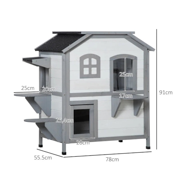 Rootz Cat House - 2-vånings - Väderbeständig - Väderbeständig - Skjutfönster - Massiv träram - Vit + Grå - 123L x 63W x 112H cm