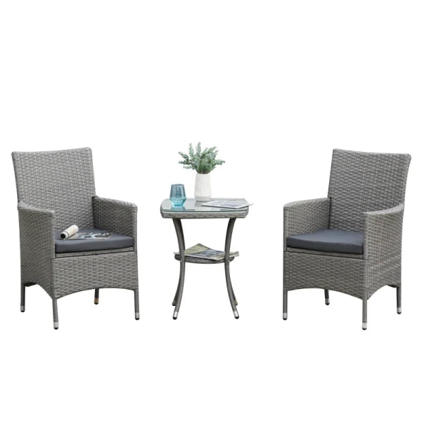 Rootz Rotting Trädgårdsmöbler Set Med Sidobord - Bistro Set - Balkongmöbler - Sittset Med Sittdyna - Polyrattan + Stål - Grå - 60 x 58,5 x 89,5 cm