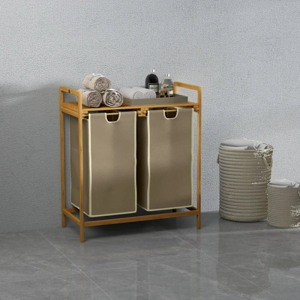 Rootz Vasketøjskurv - Med 2 Vasketøjsposer - 1 Hylde - Bambus - Tørrestativ - Ikke-vævet stof - Lysegrå + Natur - 63,5 cm x 33 cm x 73 cm