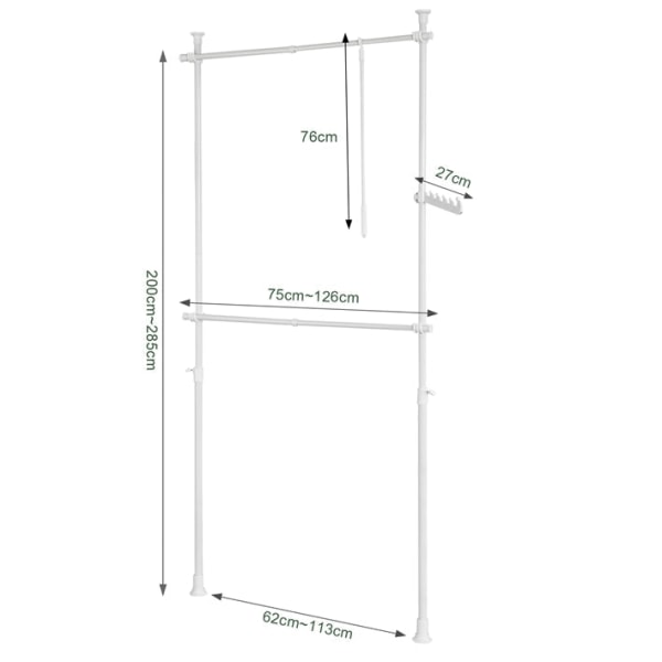 Rootz justerbar teleskopisk klädstång - Garderobshållare - Hyllsystem - Platsbesparande - Enkel montering - Variabel storlek 62-113cm x 200-285cm