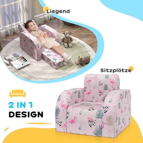 Rootz Kids Flamingo Lænestol - Børnesofa - Transformerende sæde - Sammenklappelig seng - Hyggeligt betræk - Bærbart design - 46,5 cm x 93 cm x 28,5 cm