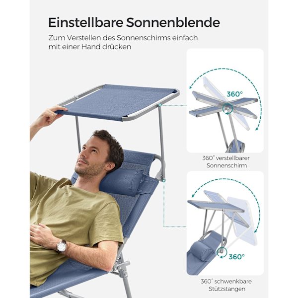 Rootz hopfällbar solstol - Liggstol - Utomhussäng - Stålram - Syntetfibertyg - Lätt - Kompakt - Lätt att förvara - 193cm x 53cm x 29cm