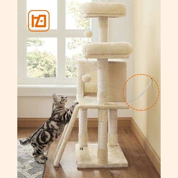 Rootz Skrapstolpe - Skrapstolpe med bräda - Kattträd - Kattklätterträd - Kattaktivitetsträd - Kattlekträd - Modernt kattträd - Kattträdhus - Spånskiva