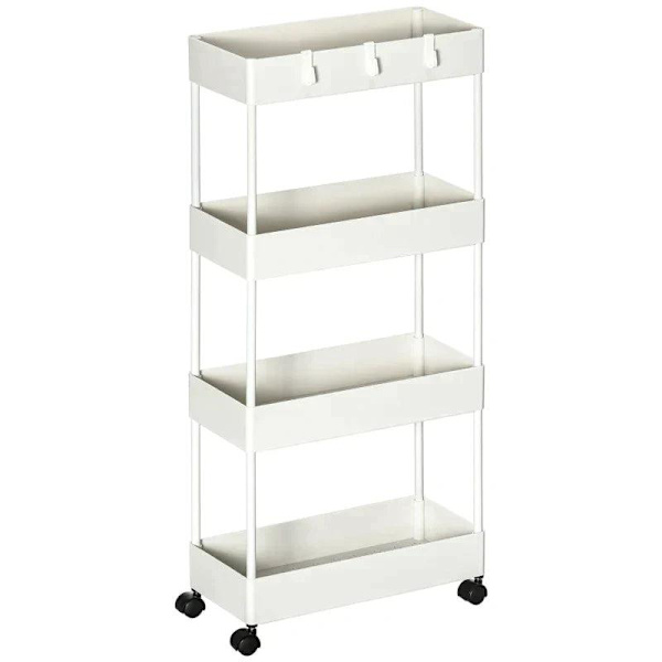 Rootz Køkkenvogn - Serveringsvogn - Køkkenvogn - Med 4 hylder - 3 fleksible kroge - 4 hjul - Hvid - 40cm x 19cm x 90cm