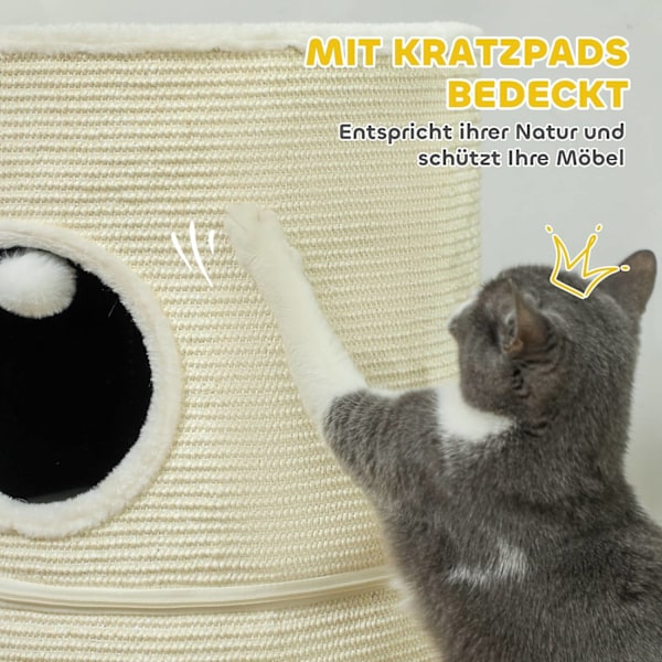Rootz 3 Tier Cat Scratching Barrel - Cat Tower - Indoor Cat House - Sisal Cover skyddar möbler - Ø42 x 69H cm - Grå