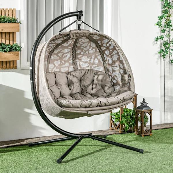 Rootz Hängstol för 2 personer - Fällbar sittkorg - Stor sittdyna - Sand + Svart - 130 x 103 x 172 cm