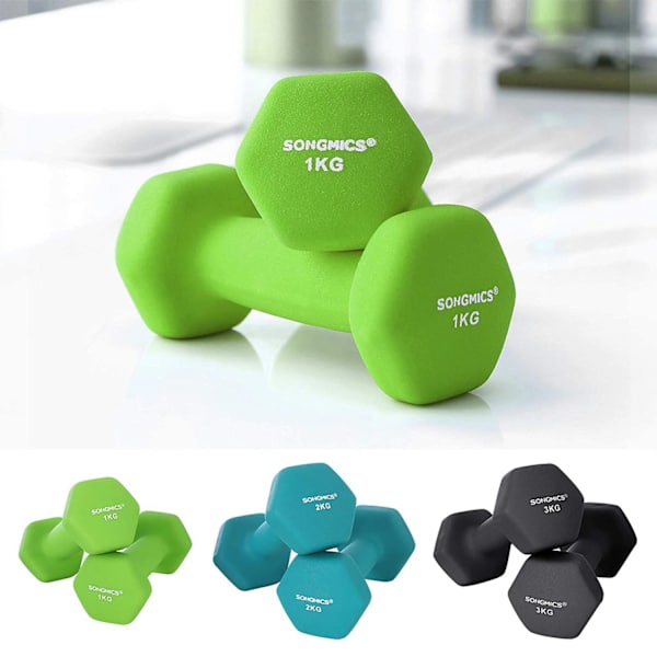 Rootz Hantelset med stativ - Neoprenbeläggning - Lättviktsträning - Hemgymutrustning - 1 kg, 2 kg, 3 kg - Limegrön akvamarin - 6 st - 36 cm x 9 cm x 9