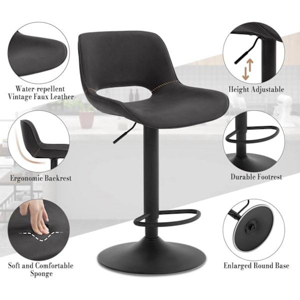 Rootz Barstol i imiteret læder - Vintage barstol - Vandtæt og ergonomisk - Justerbar højde - 48 cm x (85-105,5 cm) x 49 cm