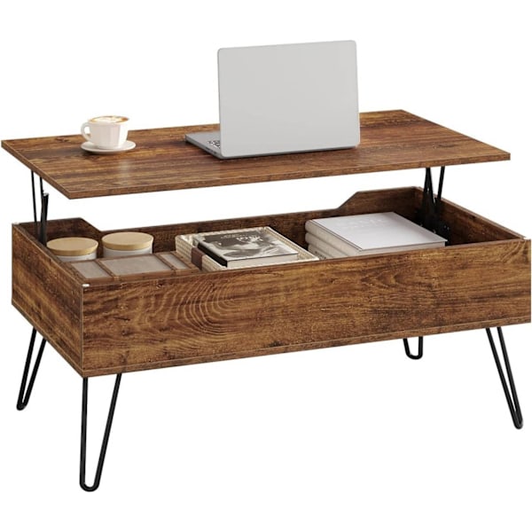 Rootz Lift Top Soffbord - Vintage vardagsrumsbord - Justerbart i höjdled - Dold förvaring - Robust struktur - 95cm x 55,5cm x 71,5cm