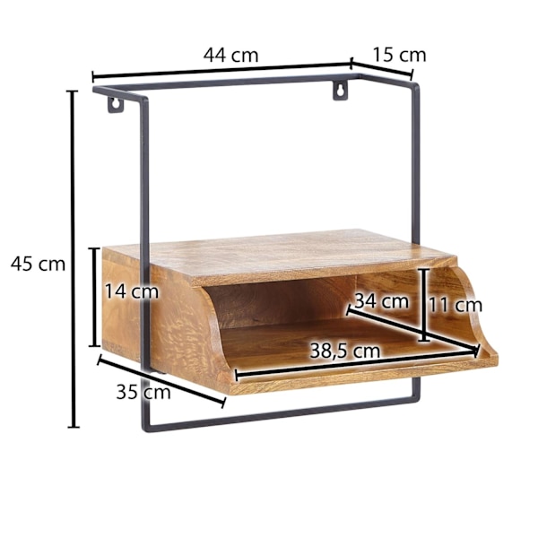 Rootz sengebord til vægmontering 44x45x35 cm sengebord massivt mangotræ - Natbord med hylde - Flydende vægplade til boxmadrasser - Vægkonsol hængende