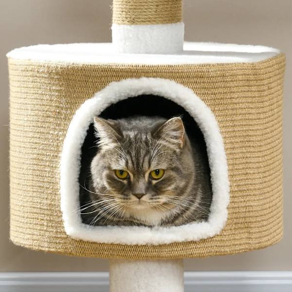 Rootz Skrapstolpe - Kattträd - Kattgrotta - 1 Kattgrotta - 1 Liggyta - Natur + Vit - 70 cm x 49 cm x 79 cm