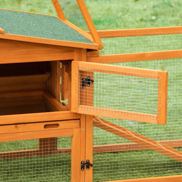 Rootz Small Animal Hutch - Rabbit Hutch - Rabbit Hutch And Run - Bunny Cage - Marsvinshus i trä - Med skjutbricka - Granträ - Gyllene röd - 156 x 58 x