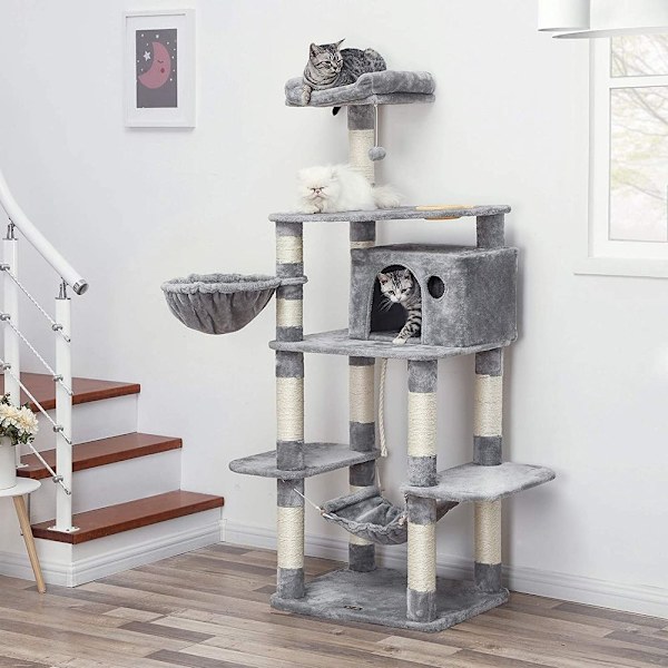 Rootz Cat Bowl - Artificiellt linne - Kattvänlig Mjuk - Stor plattform - Skrapbräda - 1 Korg-2 Hus - Platssparande katt - Carb Certified Chipboard Ply