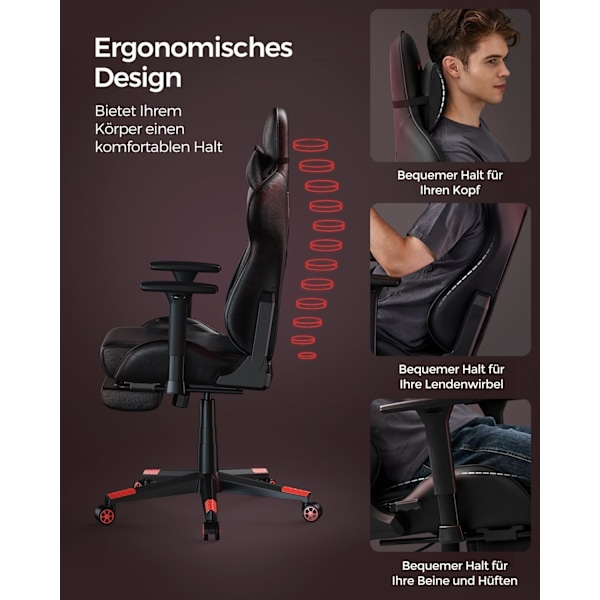 Rootz Ergonomic Office Chair - Lænestol - Lændestøtte - Sort Rød - 65cm x 63cm x 110cm
