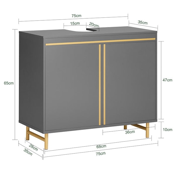 Rootz Modern Vask Underskab - Badeværelsesvask - Opbevaringsorganisator - Stilfuld grå og guld finish - Rummeligt interiør - Nem montering - 75 cm x 6