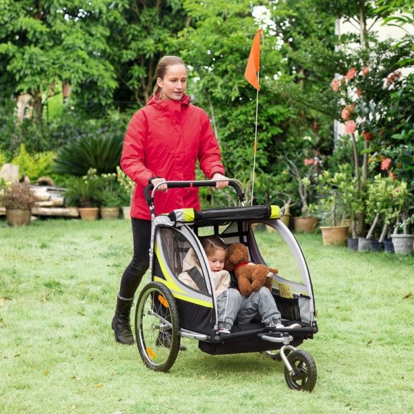 Rootz 2-i-1 cykeltrailer - Til 2 børn - Glidefunktion - Regnslag - Bremse - Oxford stof - Gul + Sort - 142cm x 75cm x 101cm