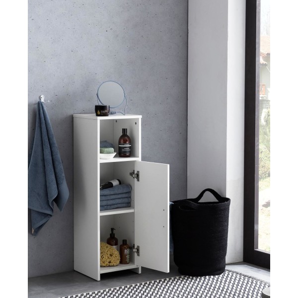 Rootz-kaappi 30 x 95,5 x 30 cm valkoinen puu ovella ja säilytyslokerolla Pieni kylpyhuoneen kaappi sivukaappi seisova - Kylpyhuoneen hylly kapea vapaa