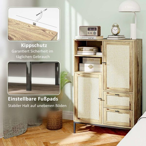 Rootz -säilytyskaappi - joustavat rintakehät - laatikot - säädettävät hyllyt - rottinki -ovet - helppo puhdistus - 80w x 40d x 120h cm