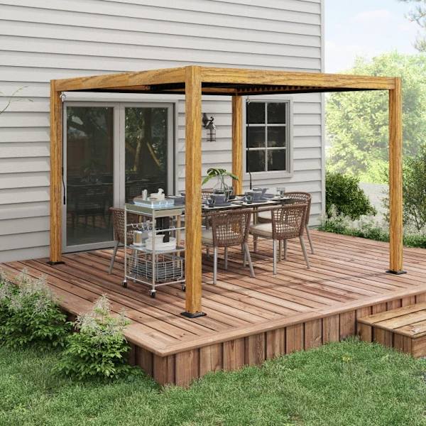 Rootz Pergola - Havepavillon - Lameltag - Håndsving - Jordspyd - Aluminium - Træ - Aluminium - Sort - Naturlig - 297L x 297W x 228H cm