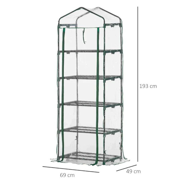 Rootz Folieväxthus - Miniväxthus med 5 hyllor för att odla blommor eller grönsaker - Stål - Plast - Transparent + Grön - 69 x 49 x 193 cm