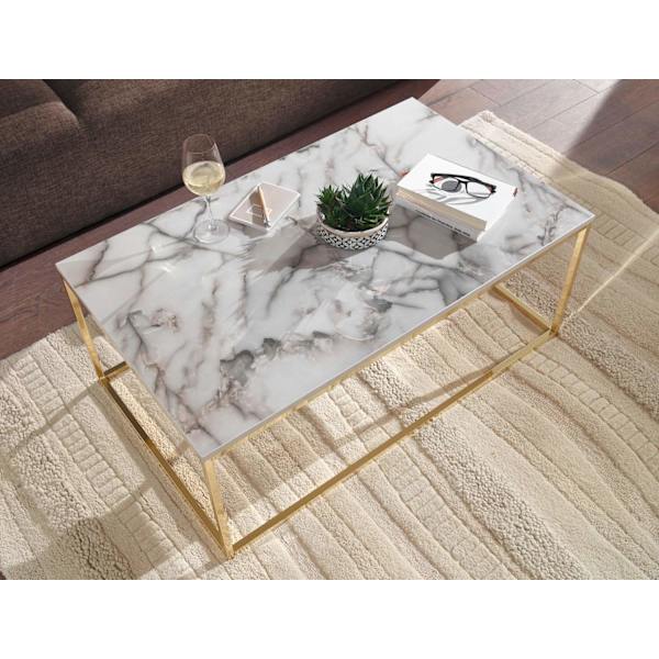 Rootz soffbord 100x60x40 cm med marmorlook vit - guld - Vardagsbord med metallstomme - Soffbord fyrkantigt bord vardagsrum - sidobord