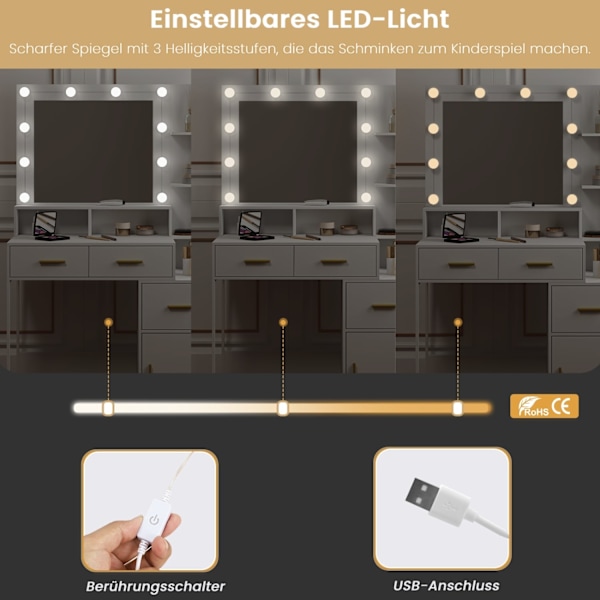 Rootz-kampauspöytä LED-peilillä - Meikkipöytä - Meikkipöytä - Säädettävä kirkkaus, tilava säilytystila, kestävä rakenne - 90 cm x 143 cm x 39,5 cm