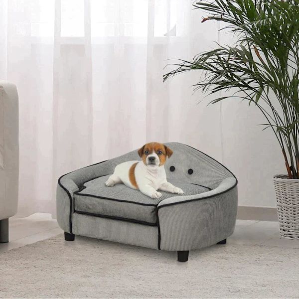 Rootz Dog Sofa - Dog Bed - Dog Mat - Pet Sofa - Natural Wood+Plush - Grey - 66.5 x 45 x 35.5 cm