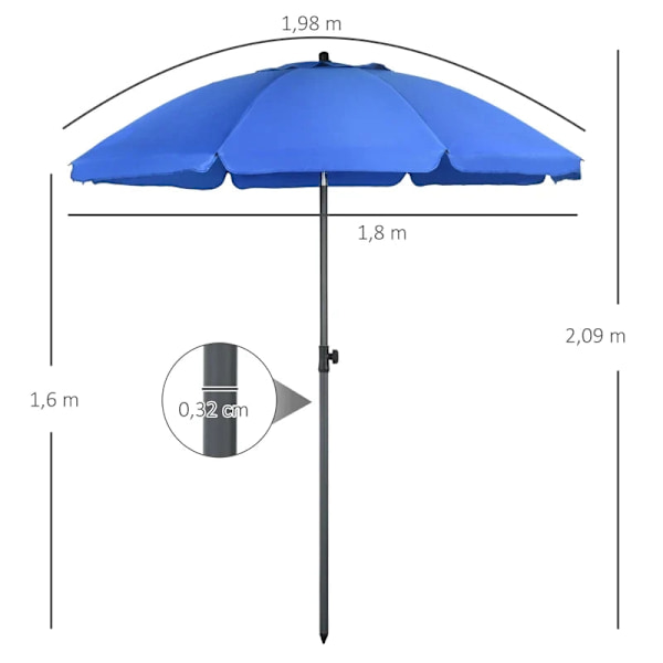 Rootz strandparaply - Parasol med ventilationshuller - Justerbar - Tilt UV50+ Diameter 1,80 - Blå - 180L x 180W x 209H cm