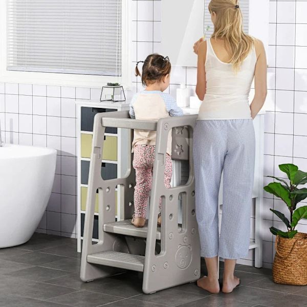 Rootz Kids Trin skammel - Læringstårn - 3-niveauer højdejusterbar - Spisestue - Skridsikre fødder - Robust plastik - Grå - 47 x 47 x 90 cm