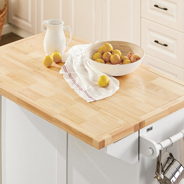 Rootz Kitchen Island Cart - Udvidelig bordplade - Køkkenvogn - Opbevaringsskab - Justerbare hylder - Håndklædeholder - Mobil med 5 hjul - Hvid - 115cm