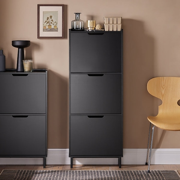 Rootz Shoe Tipper Cabinet - Skoorganisator - Skoförvaring - Utrymmesbesparande design - Mångsidig förvaring - Förbättrad stabilitet - Svart MDF och me