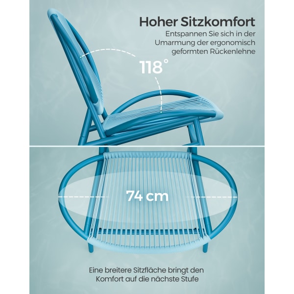 Rootz 3-delt sæt udendørsmøbler - Terrassesæt - Havestole - PE materiale - Pulverlakeret stål - Havblå - Stort bord - Letvægts - Nem montering - 50cm