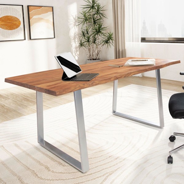 Rootz solidt kontorbord - Moderne skrivebord - Expression Kanter - Naturligt trækorn - Trapezformede metalben - 120 cm x 60 cm x 76 cm