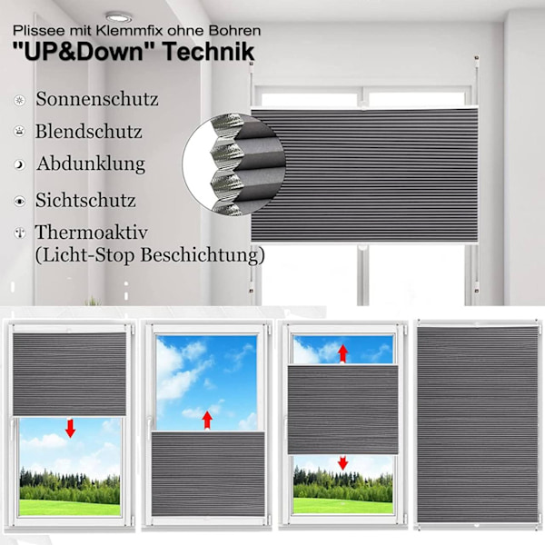 Rootz dubbelplisserad persienn - Aluminiumbelagd - Kedjefri drivning - Bullerreducering - 60-110 cm x 120/130 cm - Mörkgrå-Vit - Lätt att installera