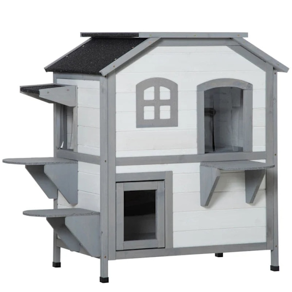 Rootz Cat House - 2-vånings - Väderbeständig - Väderbeständig - Skjutfönster - Massiv träram - Vit + Grå - 123L x 63W x 112H cm