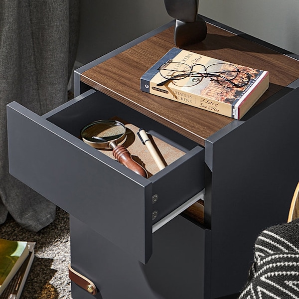 Rootz Elegant Bedside -pöytä - sivupöytä - Yöpöytä - runsaasti säilytystilaa - 30x56x30cm - harmaa ja ruskea nahka