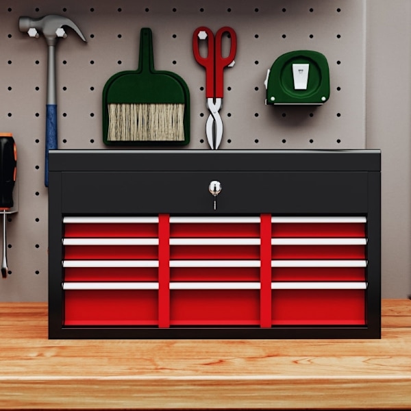 Rootz Tool Box - Låsbar förvaring - 3 lådor Organizer - Slitstarkt stål - Effektiv verktygshantering - 60cm x 26cm x 34cm - Röd+svart