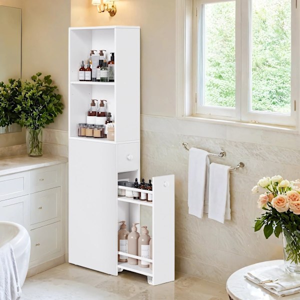 Rootz Badeværelsets kabinet - Tall Cabinet - smal badeværelsesopbevaring - Rumbesparende - 40 cm x 18 cm x 134,4 cm - Klassisk hvid spånplade