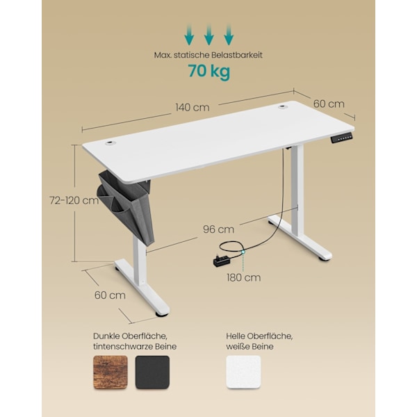 Rootz Electric Desk - Stående Skrivebord - Justerbar Højde Skrivebord - Spånplader og stål - 60cm x 140cm x (72-120cm) - Cloud White